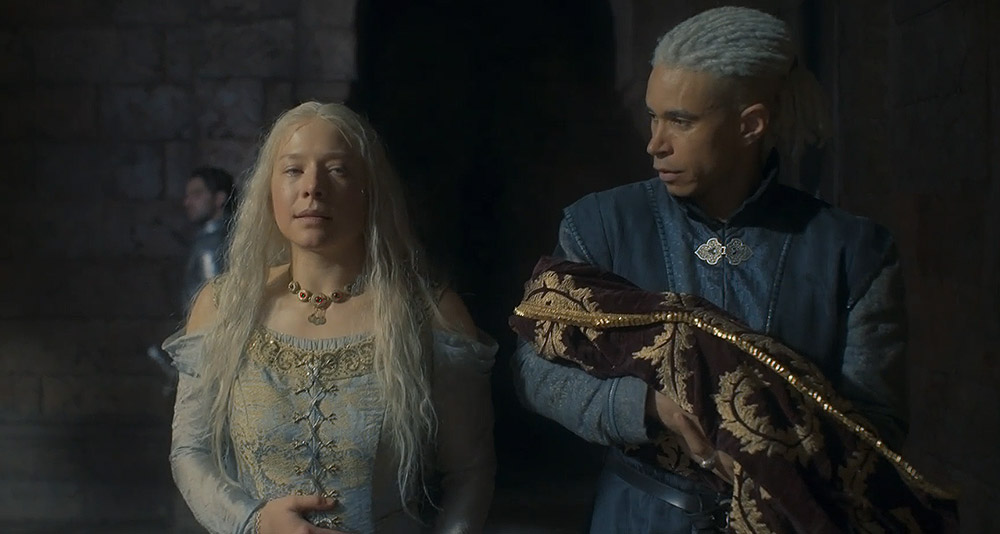 Rhaenyra, Laenor and their newborn in House of the Dragon, HBO