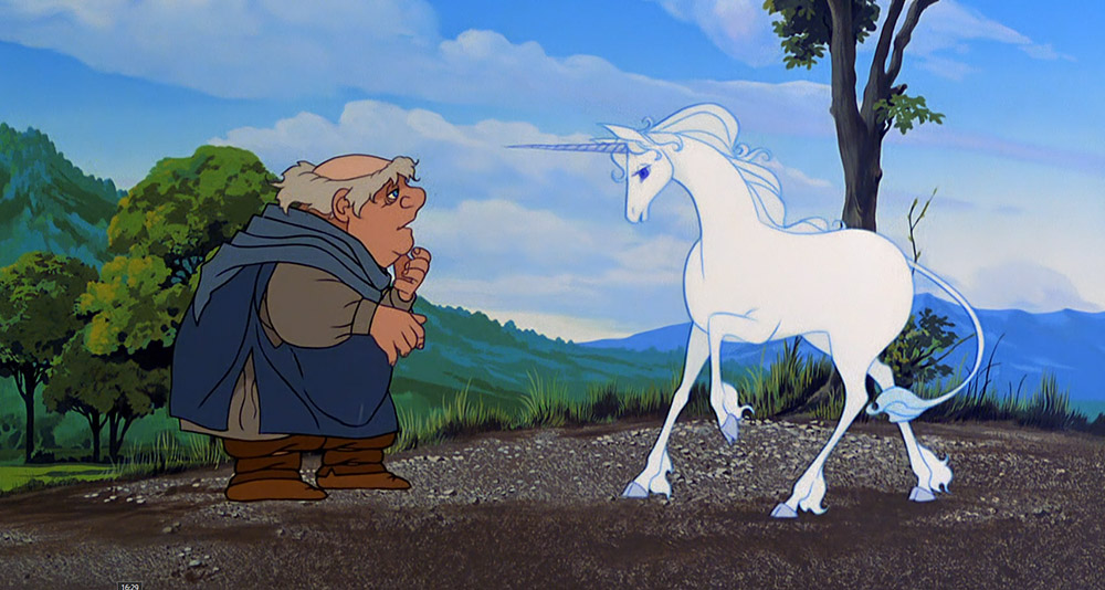 A villager tries to capture the Unicorn in The Last Unicorn, Rankin/Bass Productions