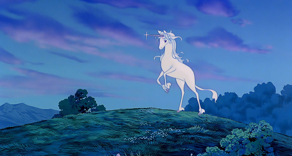 The Unicorn on a hilltop in The Last Unicorn, Rankin/Bass Productions
