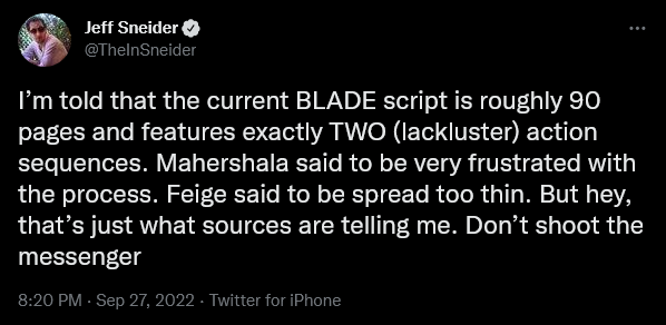 Jeff Sneider has news regarding Marvel's 'Blade' reboot