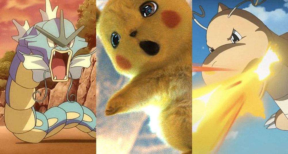 Split image of Gyarados, Pikachu and Dragonite from Pokémon, Nintendo