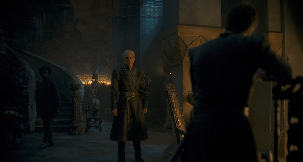 Laenor is confronted in his own hall in House of the Dragon, HBO