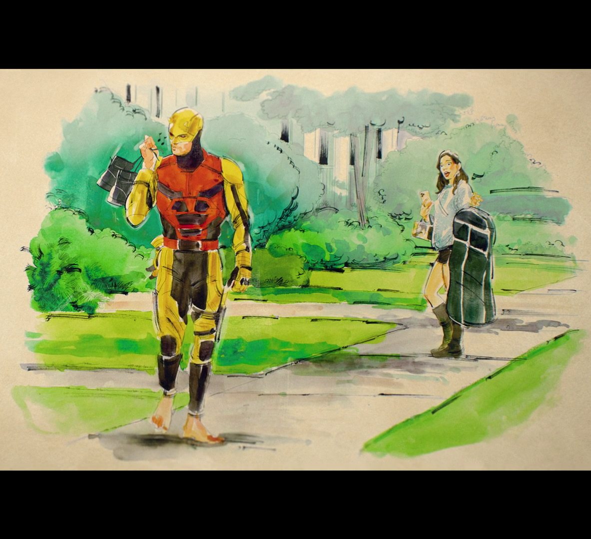 Concept art for Daredevil's (Charlie Cox) walk-of-shame joke in She-Hulk: Attorney at Law Season 1 Episode 8 "Ribbit and Rip It" (2022), Marvel Entertainment via Disney Plus