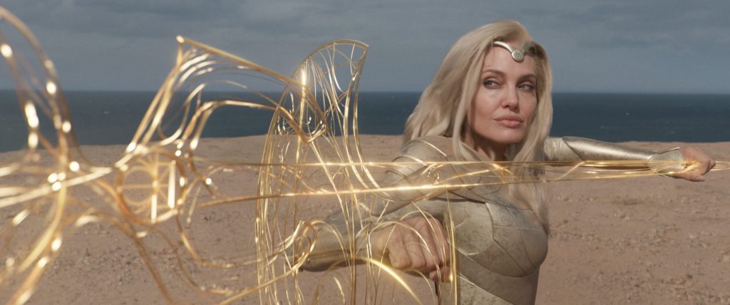 Thena (Angelina Jolie) readies herself to take on a Deviant in Eternals (2021), Marvel Entertainment