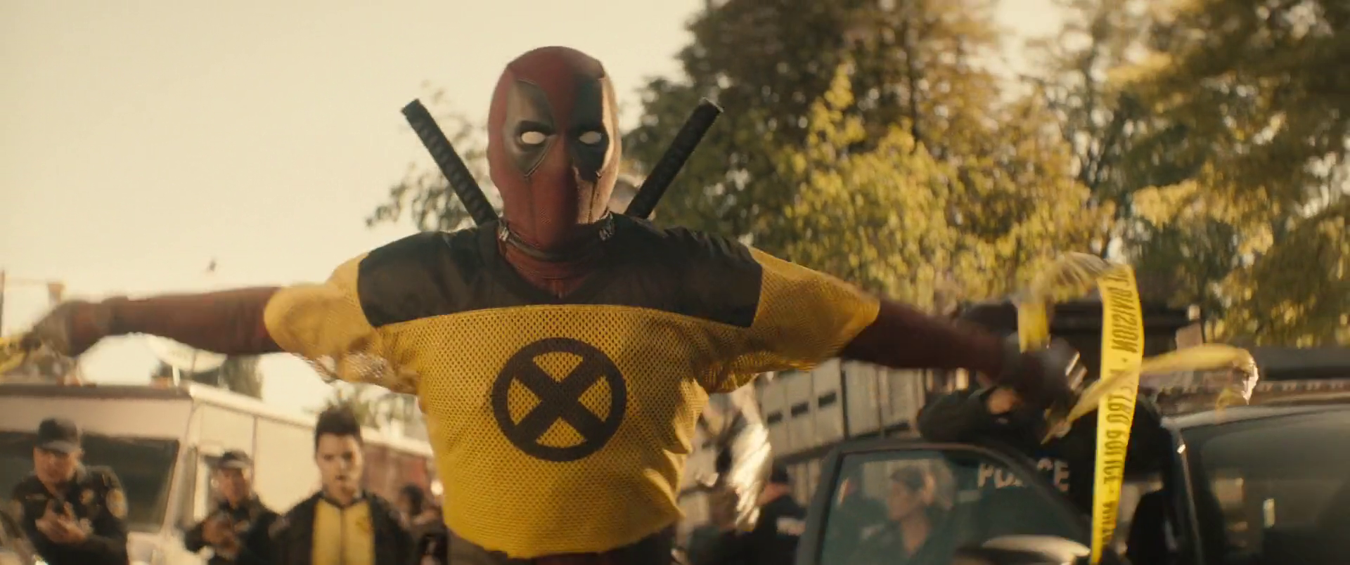 Deadpool (Ryan Reynolds) arrives to confront Firefist (Julian Dennison) for the first time in Deadpool (2016), Marvel Entertainment via Blu-ray