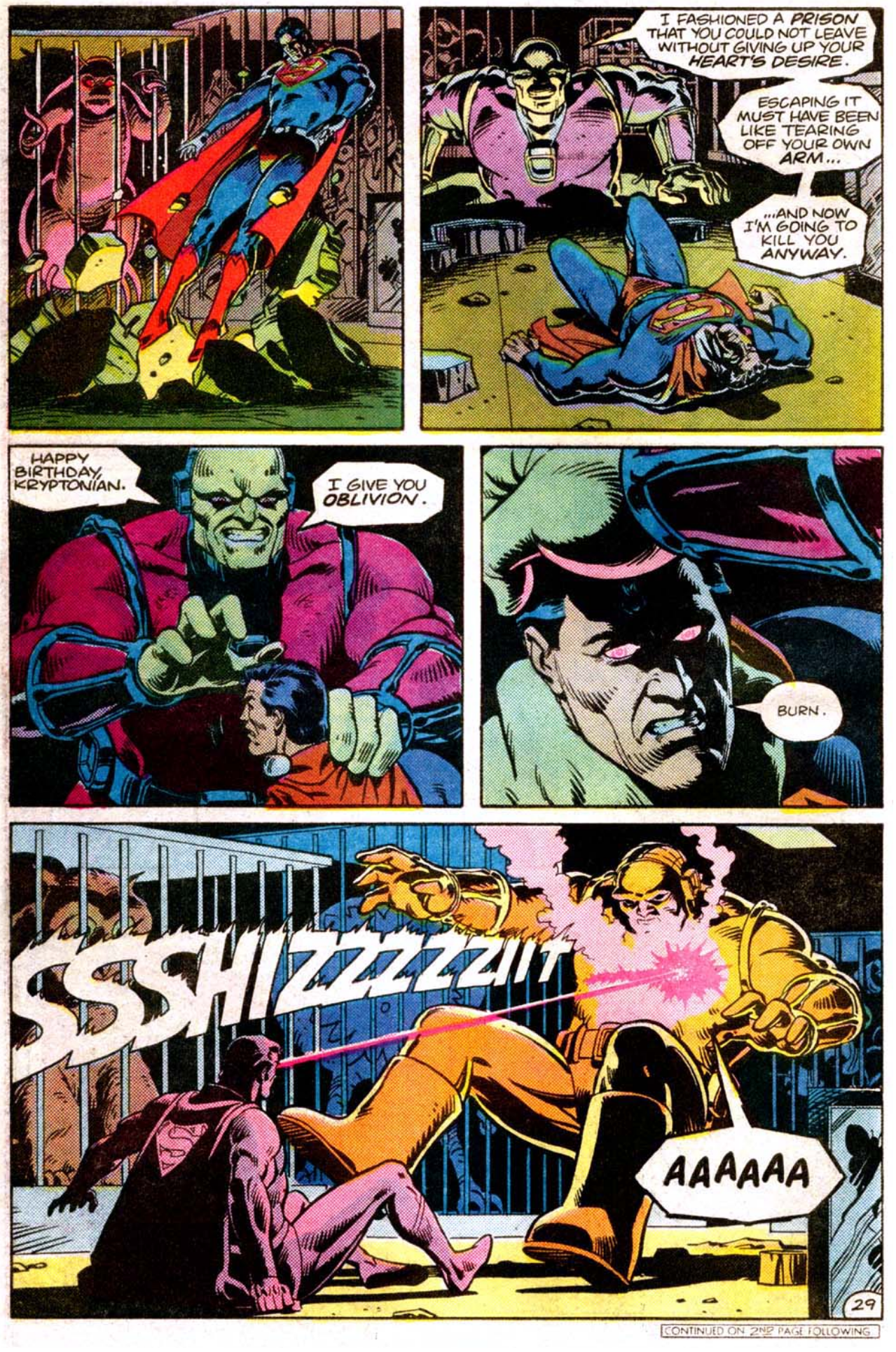 An enraged Superman has had enough of Mongol's machinations in Superman Annual #11 "For the Man Who Has Everything" (1985), DC Comics. Words by Alan Moore, art by Dave Gibbons and Tom Ziuko.