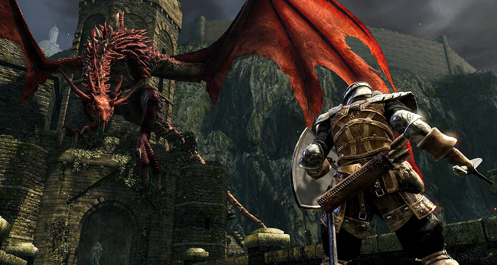 A player battles a dragon in Dark Souls Remastered for the Nintendo Switch
