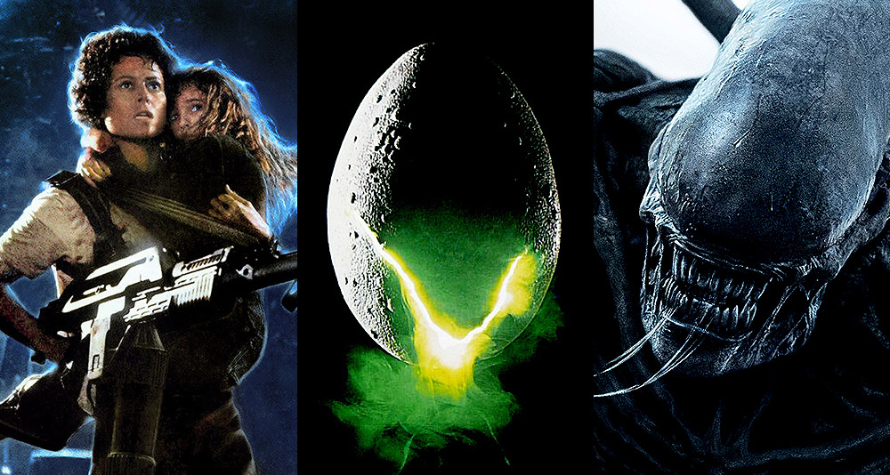 Split image of poster art for Aliens, Alien and Alien Covenant, 20th Century Fox