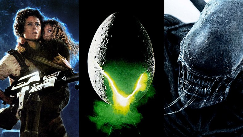 Split image of poster art for Aliens, Alien and Alien Covenant, 20th Century Fox