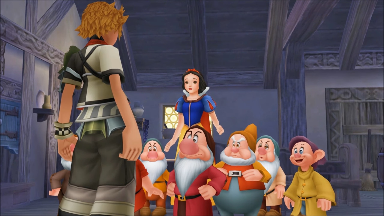 Roxas (Jesse McCartney) makes the acquaintance of the Seven Dwarves in Kingdom Hearts Birth by Sleep (2010), Square Enix