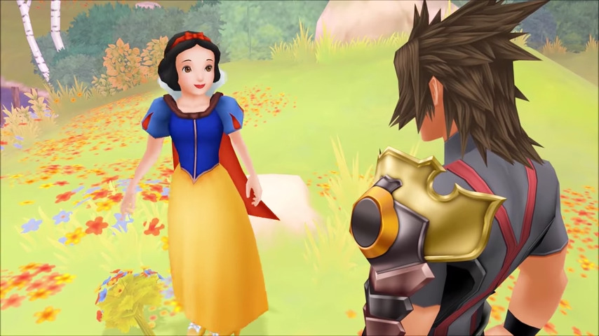 Terra (Jason Dohring) asks Snow White (Carolyn Gardner) for some directions in Kingdom Hearts Birth by Sleep (2010), Square Enix