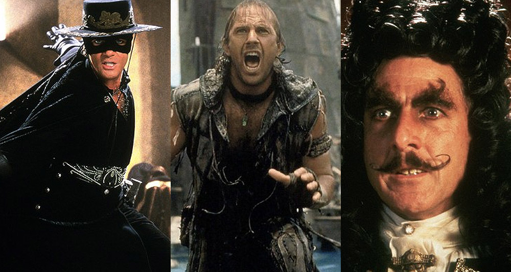 Split image of The Mask of Zorro, Waterworld and Hook