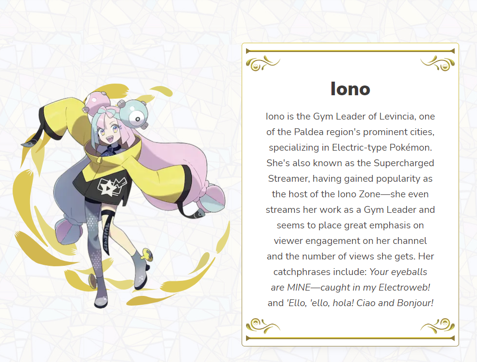 Here's Iono, an Electric-type gym leader in Pokemon Scarlet and Violet