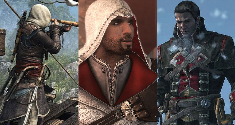 Split image of characters from Assassin's Creed
