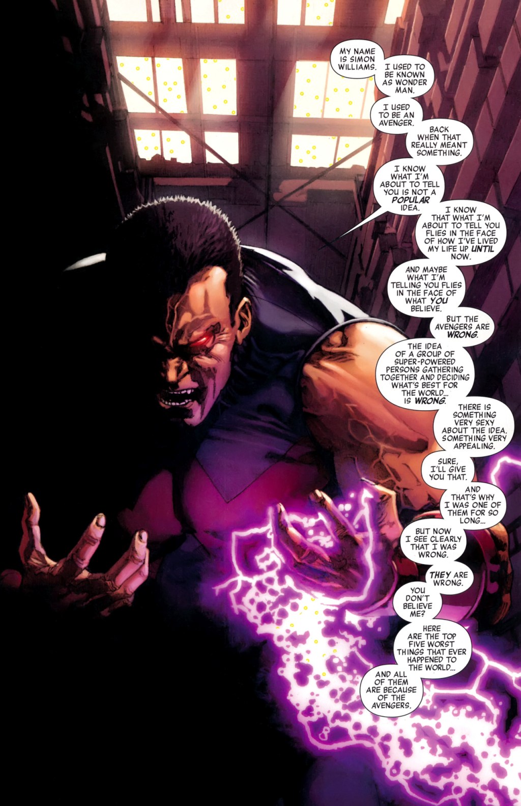 Wonder Man is done entertaining the concept of super heroes in New Avengers Annual Vol. 2 #12 "The Revengers!" (2011), Marvel Comics. Words by Brian Michael Bendis, art by Gabrielle Dell'Otto, Ive Svorcina, and Joe Caramagna.