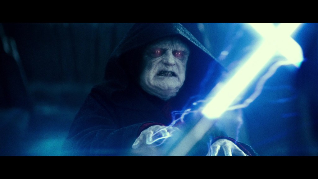 Sheev Palpatine (Ian McDiarmid) unleashes his signature Force Lightning against Rey (Daisy Ridley) in Star Wars: Episode IX - The Rise of Skywalker (2019), Disney