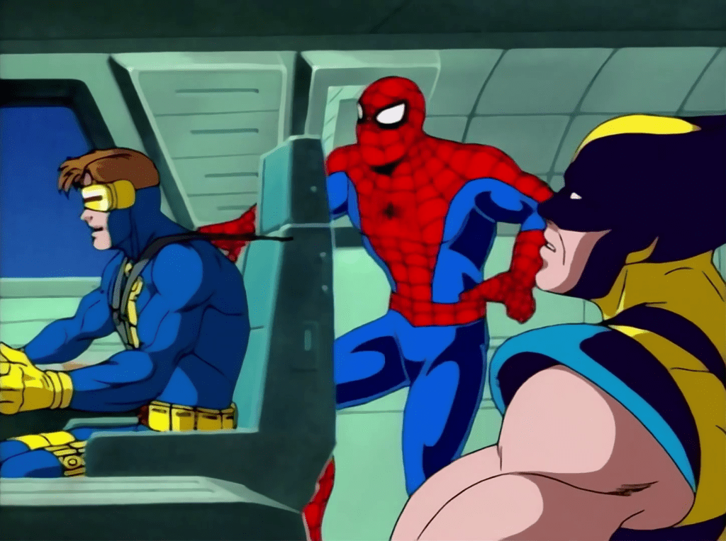 Spider-Man (Christopher Daniel Barnes) hitches a ride with Cyclops (Norman Spencer) and Wolverine (Cal Dodd) aboard the Blackbird Spider-Man: The Animated Series Season 2 Episode 5 “Mutants Revenge” (1995), Marvel Entertainment