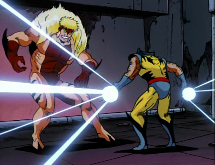 Wolverine (Cal Dodds) está farto de Dentes de Sabre (Don Francks) em X-Men: The Animated Series, temporada 4, episódio 16 "Arma X, mentiras e fitas de vídeo" (1996), Marvel Entertainment