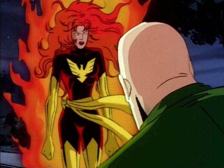 The Dark Phoenix (Catherine Disher) laughs at Professor Xavier's (Cedric Smith) power in X-Men: The Animated Series Season 3 Episode 16 "Dark Phoenix" (1994), Marvel Entertainment