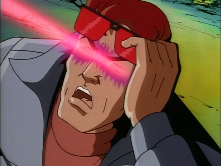 Ciclope (Norman Spencer) lança uma explosão óptica em X-Men: The Animated Series, temporada 3, episódio 8 "No Mutant Is an Island" (1996), Marvel Entertainment