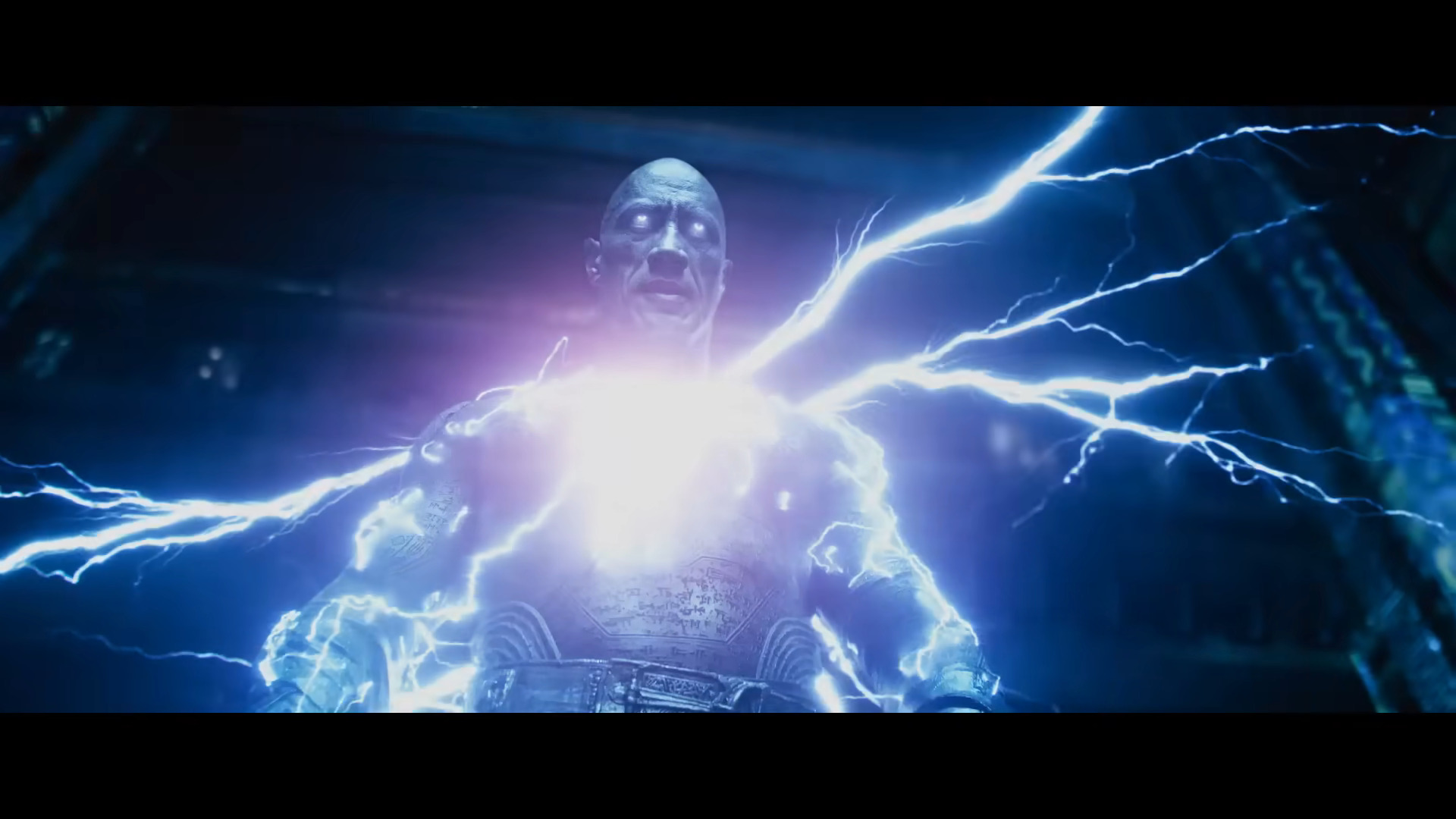 Black Adam (Dwayne Johnson) surges with his newly acquired powers in Black Adam (2022), Warner Bros. Pictures