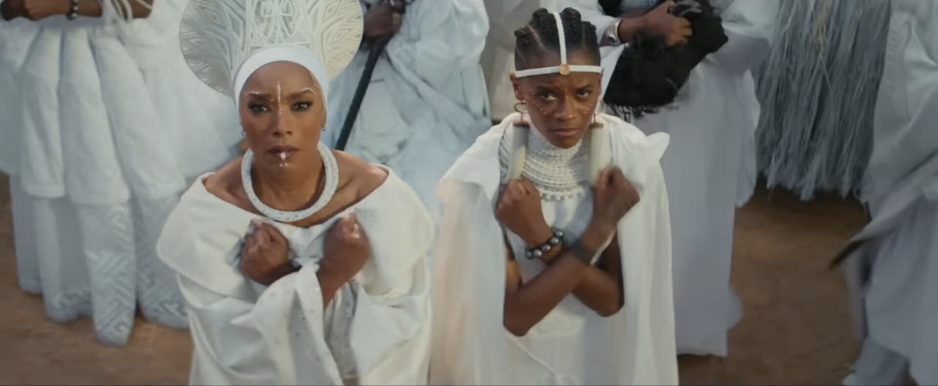Queen Ramoda (Angela Bassett) and Shuri (Letitia Wright) mourn the death of her brother T'Challa (Chadwick Boseman) in Black Panther: Wakanda Forever (2022), Marvel Entertainment via YouTube