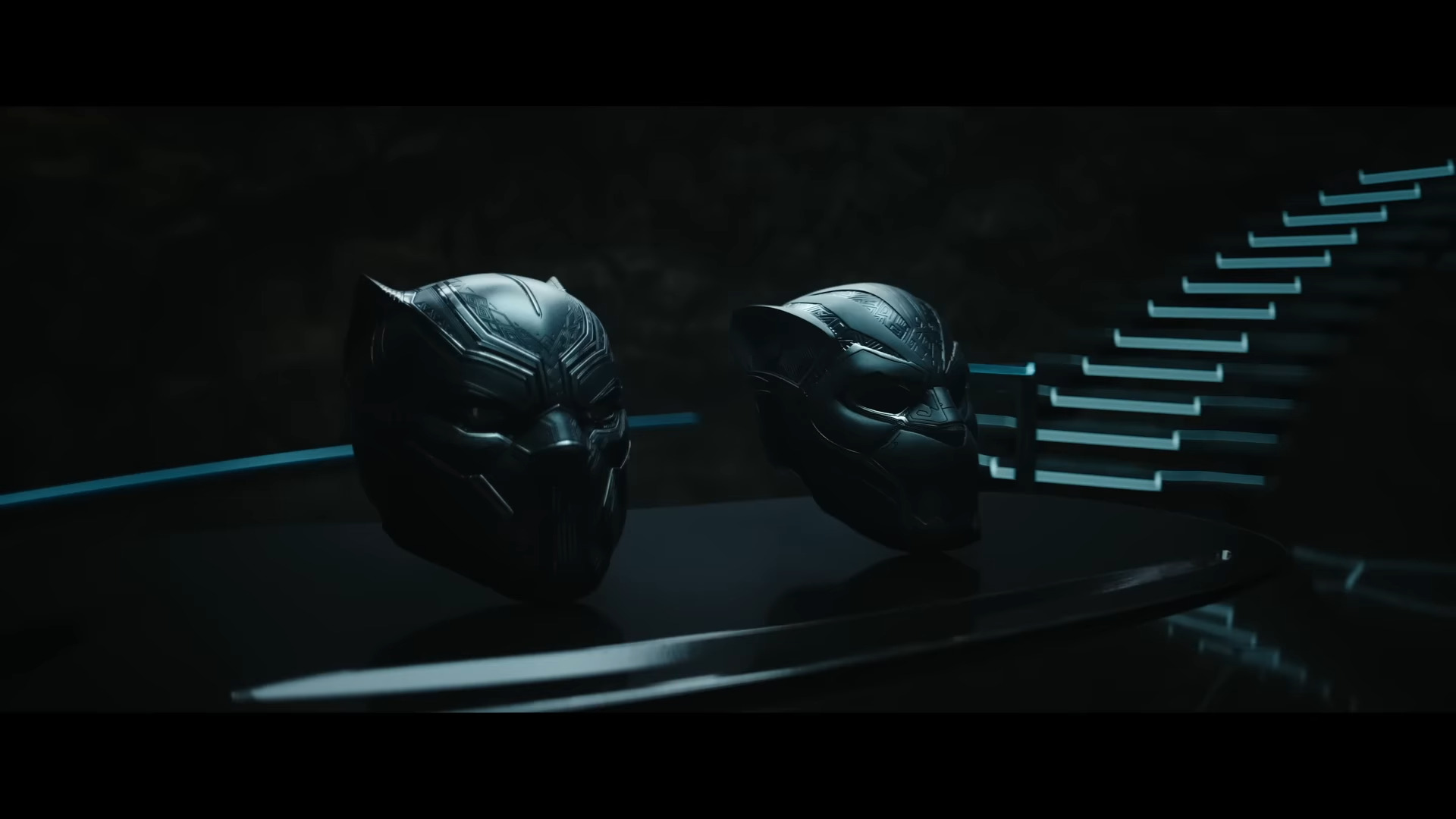 The helmets of both T'Challa (Chadwick Boseman) and Shuri (Letitia Wright) in Black Panther: Wakanda Forever (2022), Marvel Entertainment