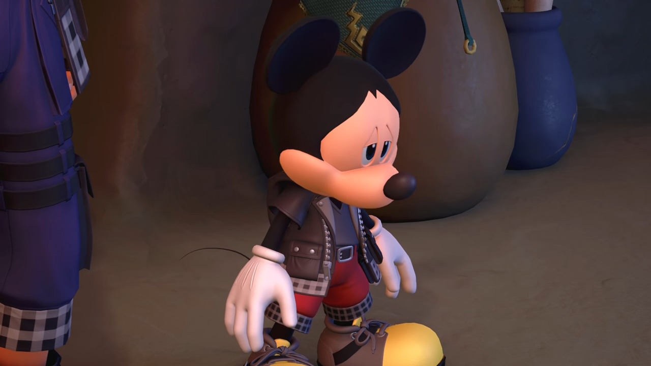 Mickey Mouse (Chris Diamantopoulos) admite que Aqua (Megumi Toyoguchi) ainda está presa no Reino das Trevas via Kingdom Hearts III (2019), Square Enix via YouTube