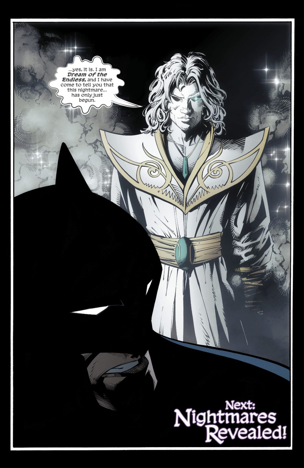 Dream introduces himself to Batmanin Dark Knights - Metal Vol. 1 #1 (2017), DC. Words by Scott Snyder, art by Greg Capullo, Jonathan Glapion, FCO Plascencia, and Steve Wands.
