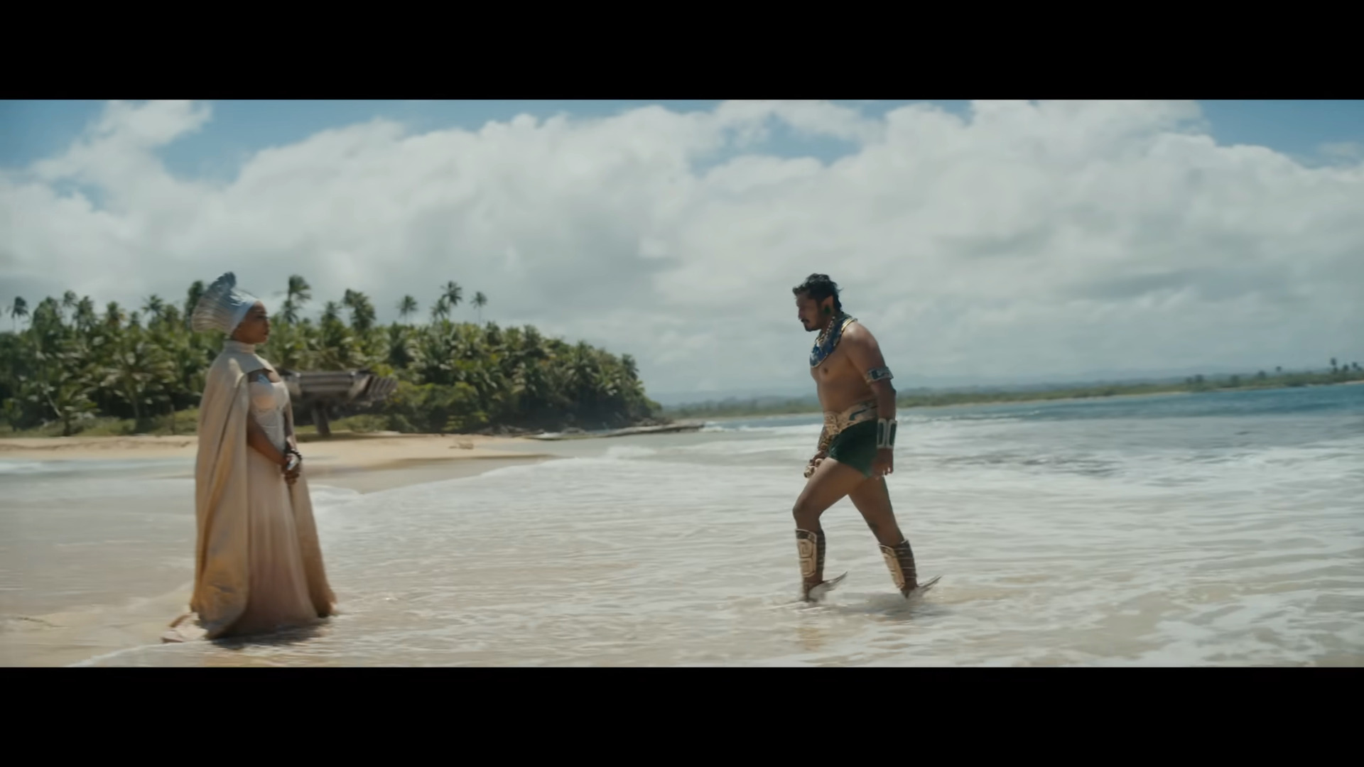 Namor (Tenoch Huerta) emerges from the sea to have words with Queen Ramonda (Angela Bassett) in Black Panther: Wakanda Forever (2022), Marvel Entertainment