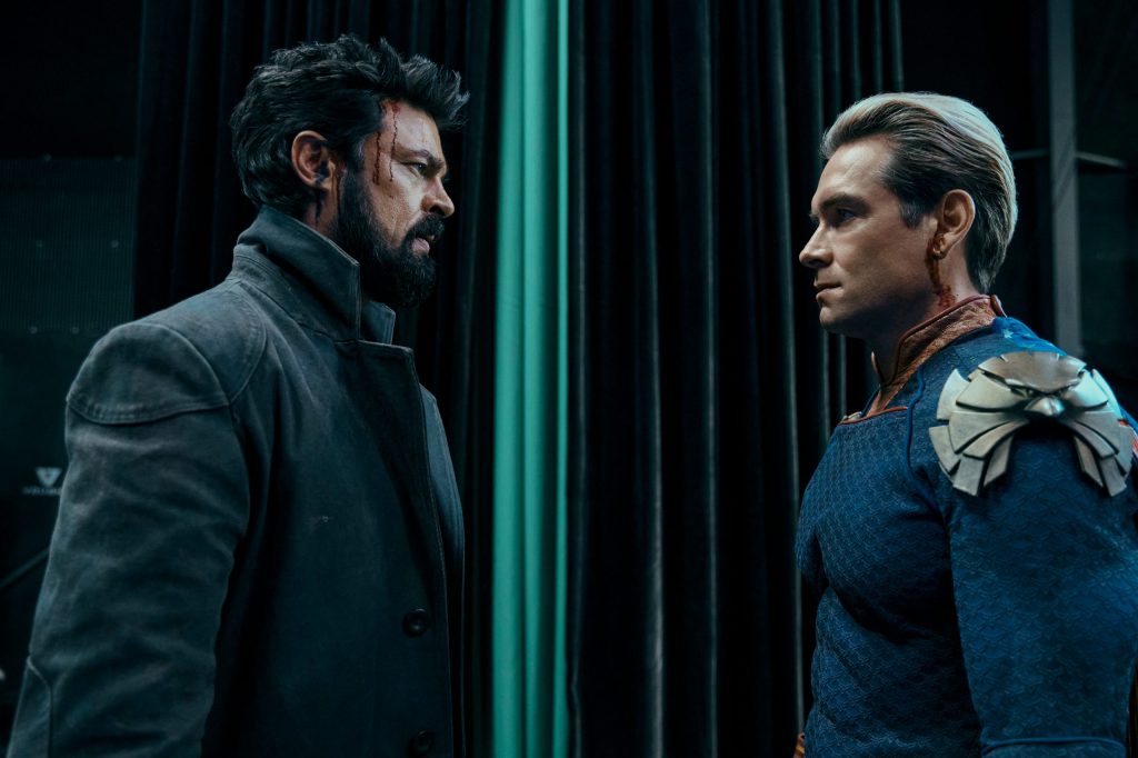 Billy (Karl Urban) and Homelander (Antony Starr) face-off in The Boys Season 3 Episode 8 "The Instant White-Hot Wild" (2022), Prime Studios