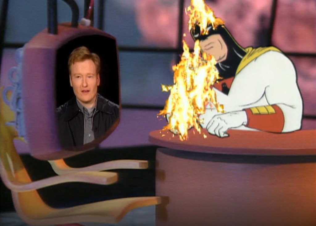 Space Ghost interviews Conan O'Brien while on fire in Space Ghost Coast to Coast Season 6 Episode 7 "Fire Ant" (1999), Cartoon Network