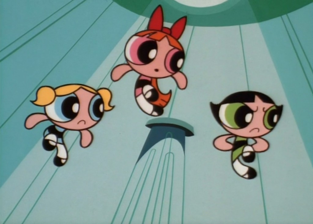 The titular trio prepares to put a stop to Mojo Jojo's (Roger Jackson) latest plans in The Powerpuff Girls Season 1 Episode 1 "Monkey See, Doggie Do/Mommy Fearest" (1999), Cartoon Network