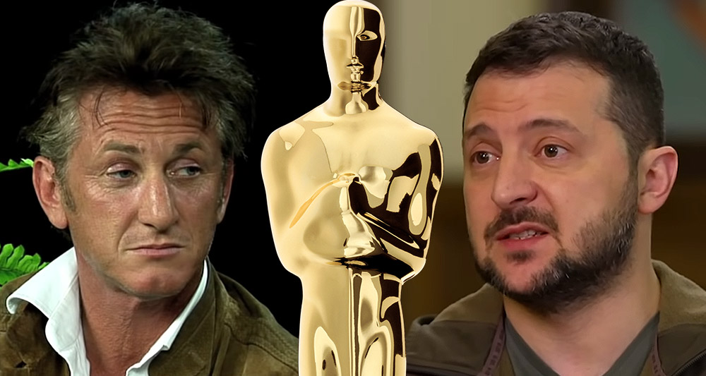 Split image of Sean Penn, an Oscar, and Volodymyr Zelensky