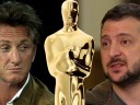 Split image of Sean Penn, an Oscar, and Volodymyr Zelensky