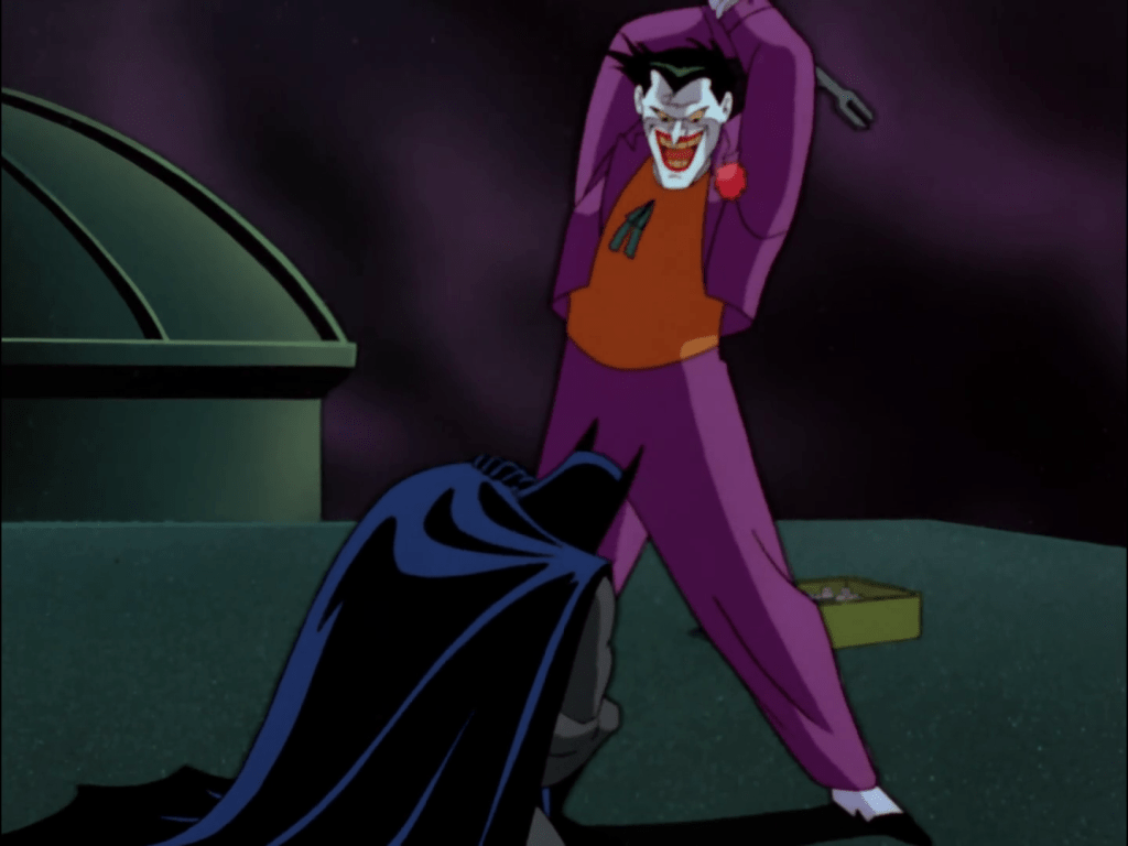 Joker attempts a "skull splitter in Batman: The Animated Series Season 1 Episode 46 "The Laughing Fish" (1992), Warner Bros. Animation