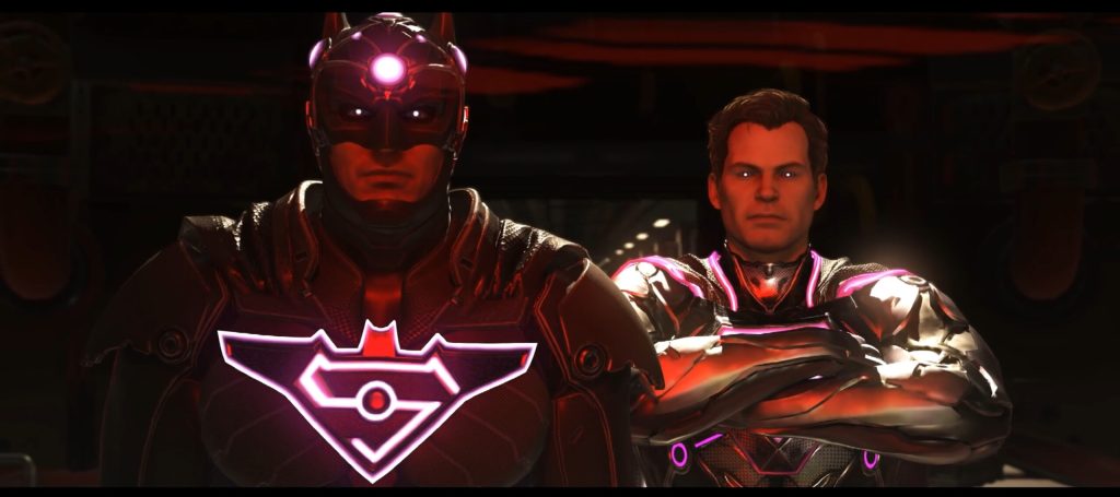 Superman (George Newburn) uses Braniac's (Jeffrey Combs) technology to mind control Batman (Kevin Conroy) and force him to his side in Injustice 2 (2017), NetherRealm Studios