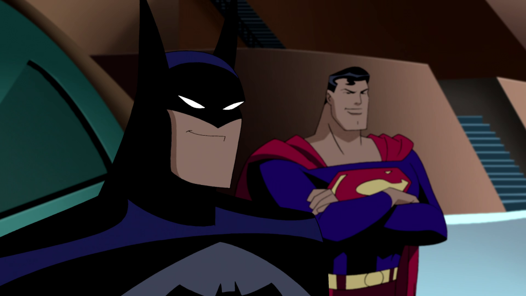 Batman (Kevin Conroy) and Superman (George Newbern) are amused in Justice League Unlimited Season 3 Episode 13 "Destroyer" (2006), Warner Bros. Animation