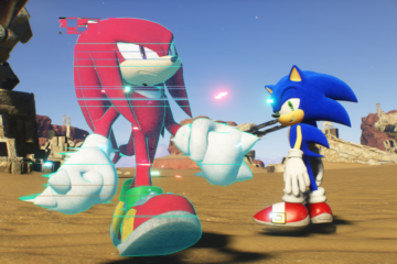 Sonic the Hedgehog looks smugly at a holographic Knuckles in Sonic Frontiers