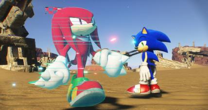 Sonic the Hedgehog looks smugly at a holographic Knuckles in Sonic Frontiers
