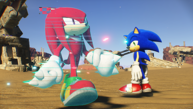 Sonic the Hedgehog looks smugly at a holographic Knuckles in Sonic Frontiers