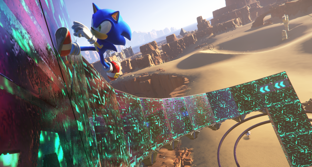 Sonic the Hedgehog runs along a wall in Sonic Frontiers