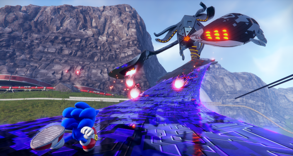 Sonic the Hedgehog chases after an alien robot in Sonic Frontiers