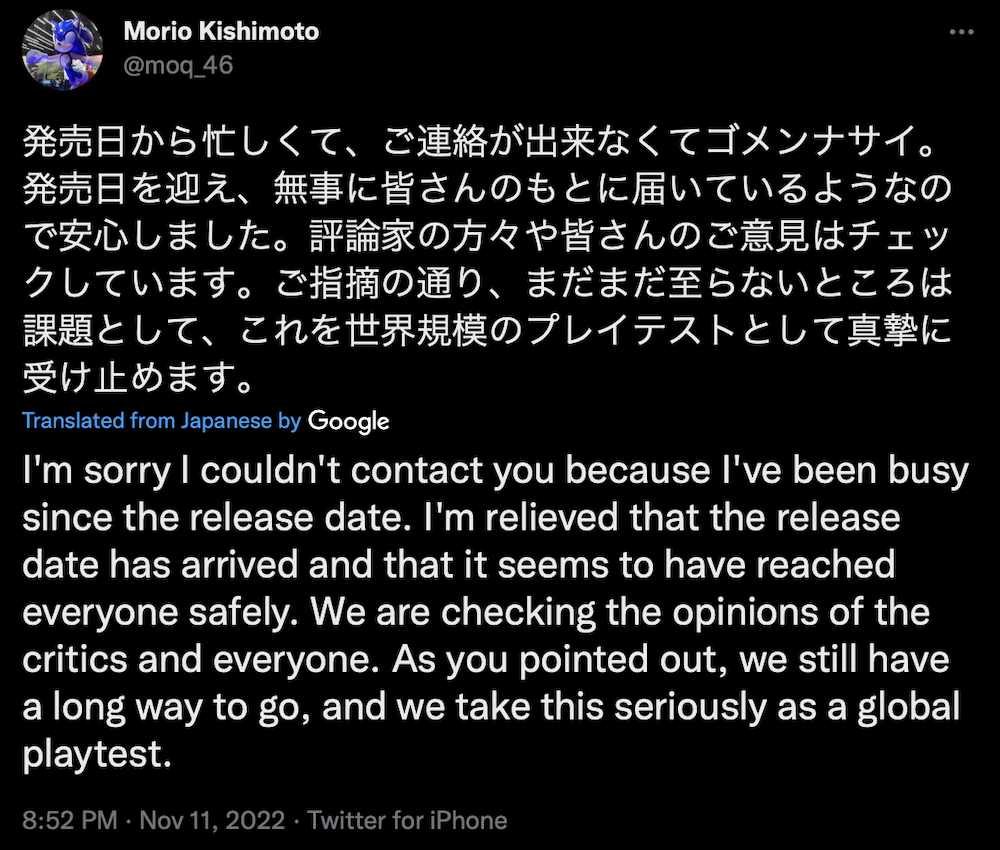 Kishimoto Talks Sonic Frontiers 2, Critic & User Metacritic Scores