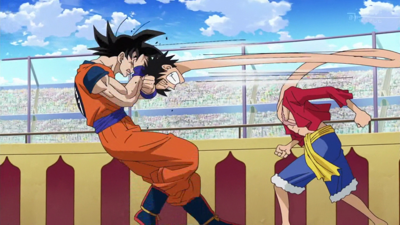 Goku fights Luffy in Dream 9 Toriko x One Piece x Dragon Ball Z Super Collaboration Special (2013)