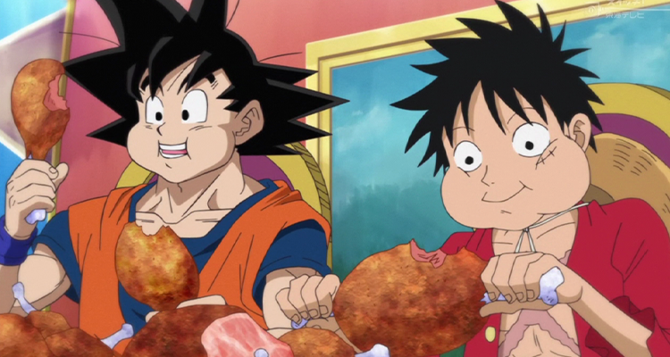 Goku and Luffy chow down in Dream 9 Toriko x One Piece x Dragon Ball Z Super Collaboration Special (2013)