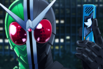 Kamen Rider W holds up the Twitter Dopant in an edited screenshot from Kamen Rider Fuuto PI (2022)