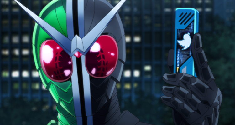 Kamen Rider W holds up the Twitter Dopant in an edited screenshot from Kamen Rider Fuuto PI (2022)