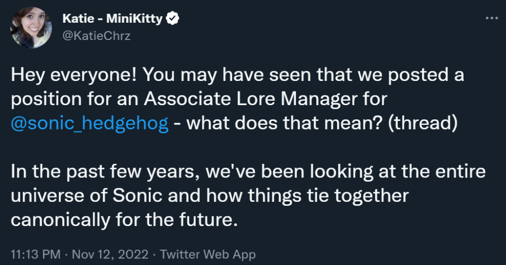 Katie Chrzanowski discusses the Associate Lore Manager role for Sonic the Hedgehog on Twitter