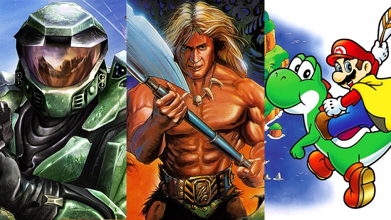 Split image of Halo, Golden Axe and Super Mario World box art